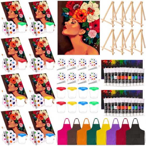 Cholemy 8 Set Paint and Sip Kit for Adults 8'' x 10'' Pre Drawn Canvas with Wooden Easels Acrylic Paint Brushes Wash Cup Palette Apron for Painting DIY Date Night Party Supplies(Artistic Woman) - style: Artistic Woman
