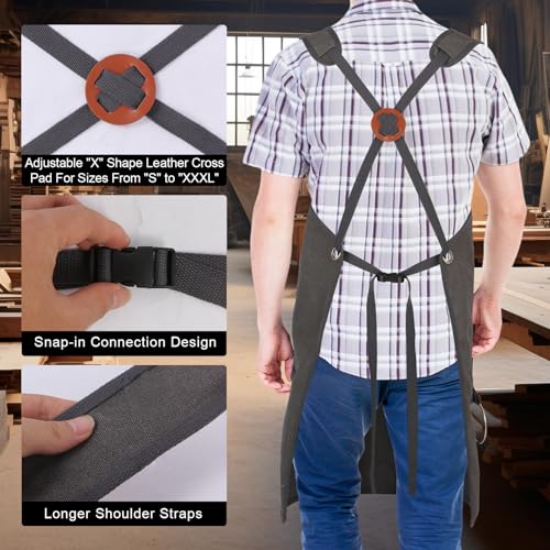 Men's Canvas Tool Apron, Heavy Duty Multi-Pocket Work Apron for Woodworking Gardening Bartender Adjustable Straps - color: Grey