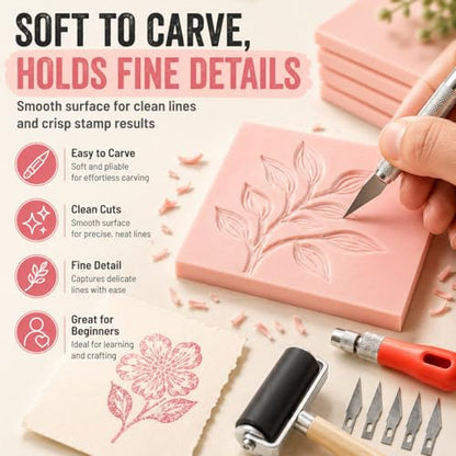 8Pcs Linoleum Blocks for Printmaking, 4 x 6 Rubber Carving Block, Stamp Carving Kit, Rubber Stamp Kit with Cutter Tools for Stamp Carving, DIY Printmaking Pink