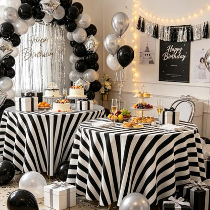 3 Pack Black and White Stripes Round Tablecloth Stripe Outdoor Table Cover Round Table Cover Plastic Table Cloth 84 in Round for Kitchen Dining Wedding Party