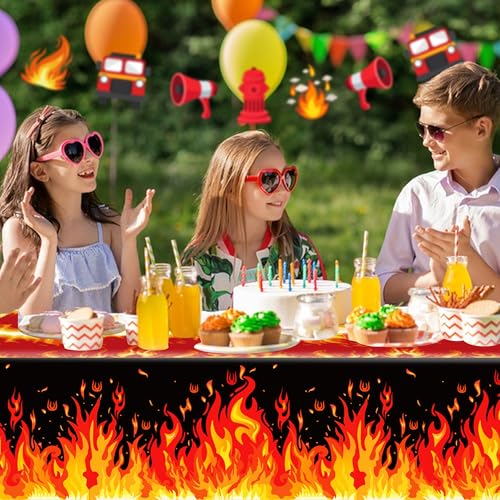 1Pc Fire Party Plastic Tablecloth 54 x 87 Inch Long Table Cover, Flame Party Tablecover for Fire Fighting Theme Kids Baby Shower Birthday Dinner Picnic Kitchen Event - color: Fire
