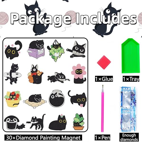 30 Pcs Black Cat Diamond Painting Magnets Kits Diamond Art Fridge Magnet Refrigerator Sticker Diamond Painting kit for Beginners Adults DIY Art Craft Gifts Home Decors - color: Black Cat