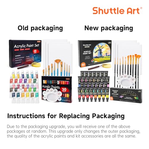Shuttle Art 46 Pack Acrylic Paint Set, 30 Colors Acrylic Paint with 10 Brushes 3 Canvas 1 Knife Palette Sponge, Complete Painting Set for Kids, Adults, Beginners, Painting Wood, Ceramic - color: 30 Colors, size: 46 Piece Set