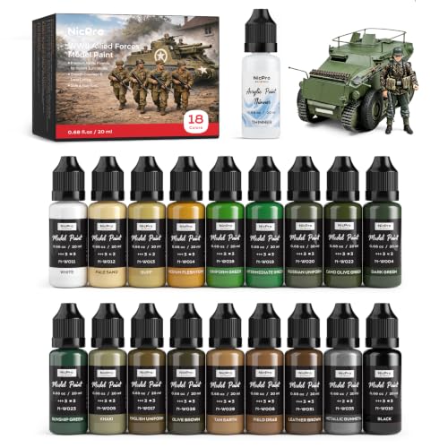 Nicpro 18 Colors WWII Allied Forces Model Paint Set, 20ml Ready to Use | Acrylic Paints, Brush & Airbrush Miniature Paint Set for American & Allied Armor, Tanks, Vehicles & Infantry Figures, Thinner - style: WWII Allied Forces