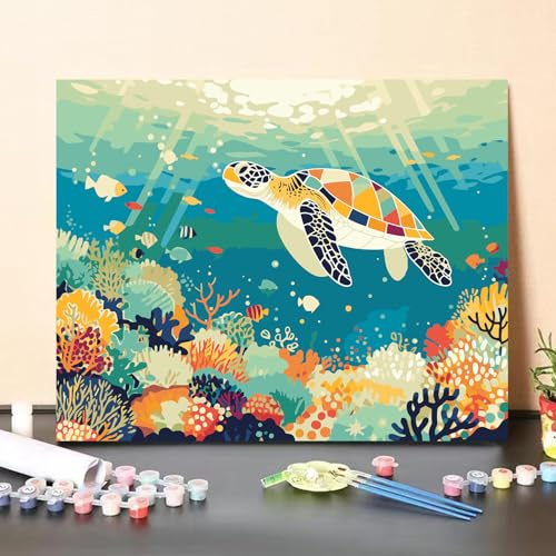 Sea Turtle Paint by Numbers Kit for Adults Beginner Turtle Oil Painting Kit Adult Paint by Number Kits on Canvas Animals DIY Painting for Beginners Art by Numbers for Gifts Home Wall Decor 16x20 Inch - color: YF020
