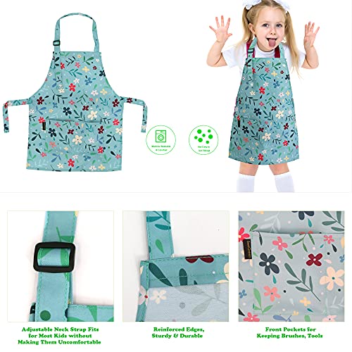 BeeGreen Kids Cooking Aprons 2 Pack, Adjustable Strap Toddler Art Apron with Front Pocket - color: Blue,green