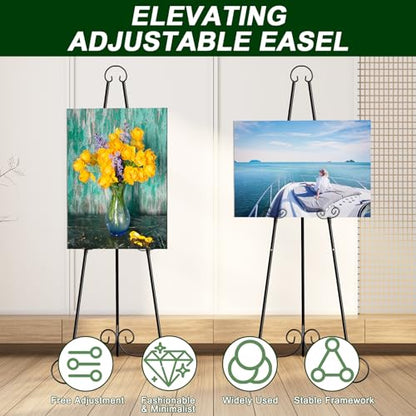 2 Pack 46'' Metal Round Tube Scroll Display Easel, Classic Black Decorative Large Adjustable Floor Standing Easel with Chain Support, Perfect for Showcasing Pictures, Artwork, Wedding Sign Etc