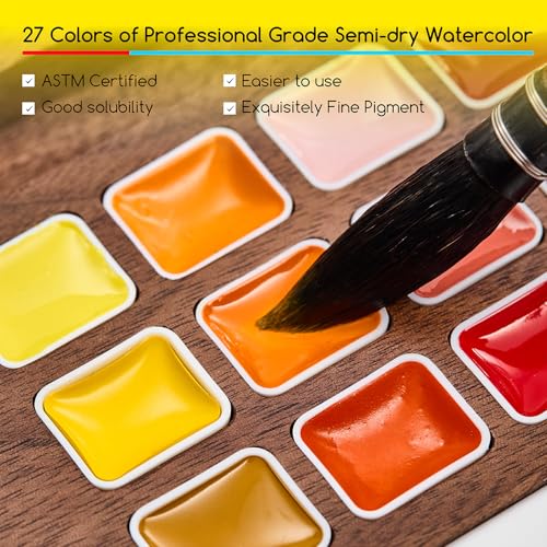 MEEDEN Watercolor Paint Set - Luxury 27 Color Collection with Black Walnut Case, Natural Squirrel Hair Brushes & Artist Grade Paints, Perfect Travel Watercolor Kit for Artists & Beginners.