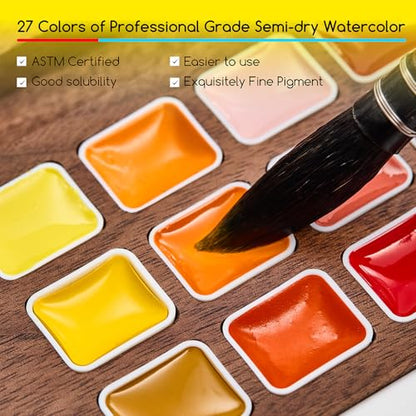 MEEDEN Watercolor Paint Set - Luxury 27 Color Collection with Black Walnut Case, Natural Squirrel Hair Brushes & Artist Grade Paints, Perfect Travel Watercolor Kit for Artists & Beginners.