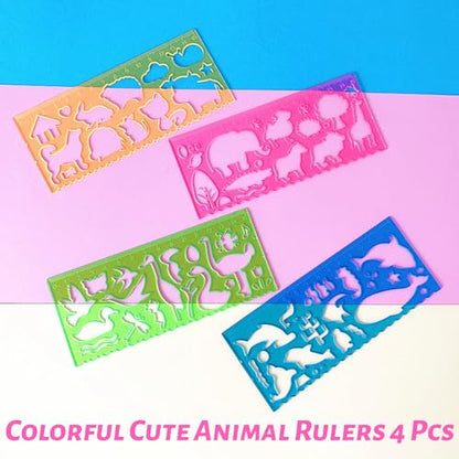 Template for Drawing,4 Pack Clear Ruler Animal-Shaped Stencils Drafting Tools Set Stencil Maker Rulers,Rulers for Kids,Measuring Templates Rulers for Office,School,Drawing