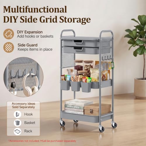 3 Tier Rolling Cart with 2 Drawers, Metal Utility Storage Carts with Wheels | Kitchen Rolling Cart 4.5" Deep Basket, Mesh Side Panel with 3 Cups, 4 Hooks for Office, Bedside, Craft Storage Cart - color: Dark Dray