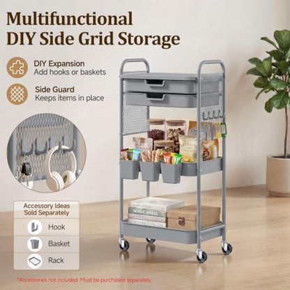 3 Tier Rolling Cart with 2 Drawers, Metal Utility Storage Carts with Wheels | Kitchen Rolling Cart 4.5" Deep Basket, Mesh Side Panel with 3 Cups, 4 Hooks for Office, Bedside, Craft Storage Cart - color: Dark Dray
