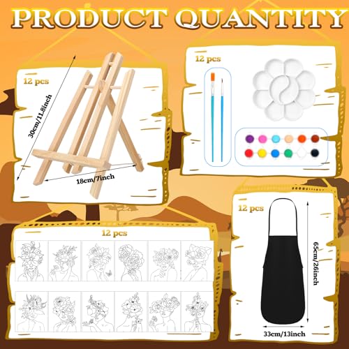 Motipuns 12 Set Flower Crown Lady Pre Drawn Canvas for Paint for Adults | 12 x 16 Inch, Sip and Paint Party Kit, Pre Printed Framed Canvas with Easels Paints Brushes Aprons, Party Adult Art Supplies - style: Black Floral Girl