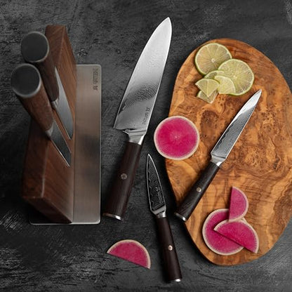 Magnetic Kitchen Knife Block Set - Japanese 67 Layer High-Grade VG-10 Steel Knives, Sharp, G10 Handle Professional Kitchen Knife Set - Damascus (6 pieces), Brown Pakkawood Handles - color: Brown, size: 6-Piece
