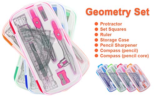 Akuoly Maths Compasses Full Starter Geometry Kit with 2 Drafting Compasses Protractor 2 Set Squares Ruler Pencil and More for Students Maths Study Homework etc. Pink