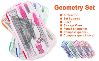 Akuoly Maths Compasses Full Starter Geometry Kit with 2 Drafting Compasses Protractor 2 Set Squares Ruler Pencil and More for Students Maths Study Homework etc. Pink