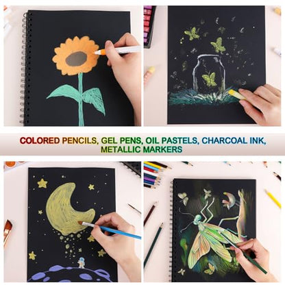 Black Paper Sketchbook 2 Pack, 9 × 12 in, 100 Sheets, 160gsm Spiral Bound | Acid-Free 108 Lb Black Paper, Left Spiral Tear-Out Pages, Hardcover for Drawing, Chalk, Gel Pens And Mixed Media - size: 9×12 Inch (2 Pack )