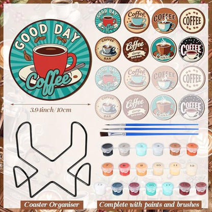 Reallnaive 8 Pcs Coffee Paint by Numbers Kit for Adults Wooden Coaster | Mini Paint by Numbers, Tiny Brown Round Oil Painting Drink Coaster with Holder, for Small DIY Craft Birthday Gift - style: Coffee