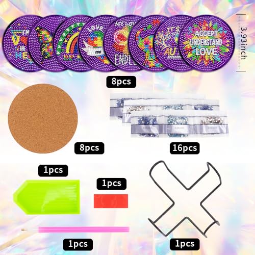8 Pcs Diamond Art Painting Coasters with Holder, DIY Autism Awareness Diamond Art Coasters for Drinks Diamond Art Painting Kits for Beginners, Diamond Kits Craft Supplies for Adults - color: Purple Style