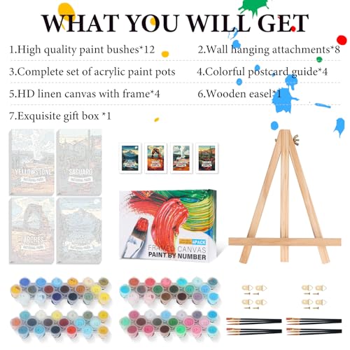 4 Pack Framed Paint by Numbers Kit for Adults with Wooden Easel 8x12 Inch - color: FOP4P-12