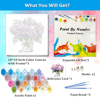 Artunion Framed Paint by Numbers Kit for Adults Beginners & Kids Ages 8-12,Hydrangea Flower Paint by Number with Frame,Floral Paint by Numbers Kit on Canvas 10 * 10 Inch Without Easel - color: ZXT-191-F