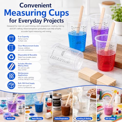 8oz Clear Plastic Measuring Cups, Graduated Mixing Cups, 100 Pack | Disposable & reusable, Graduated markings, 8oz capacity, Resin & paint mixing, Cooking & baking, 100 pack - color: 100 Pack