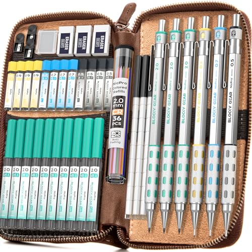 Nicpro 22PCS Black Metal Mechanical Pencils Set + 40PCS Art Mechanical Pencils Set with Leather Bag
