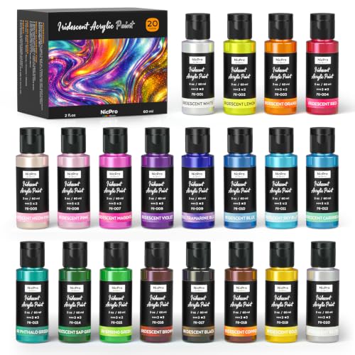 Nicpro 20 Colors Iridescent Acrylic Paint Set,2oz Chameleon Metallic Paint | Color Shifting Glitter Craft Paint, Non-Toxic DIY Art Painting Supplies,Paint Kit for Canvas Rocks Wood Glass Ceramic Fabric - color: Assorted (20 Colors), size: 2 Fl Oz (Pack of