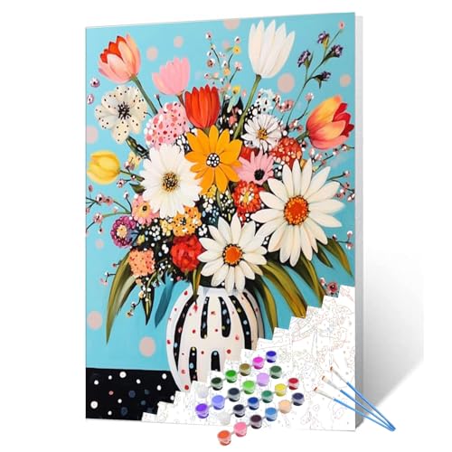 Abstract Flowers in Vase Oil Painting Paint by Number Kits 16 x 20 inch Canvas Colorful Flowers DIY Oil Painting for Kids Students Adults Beginner with Brushes and Acrylic Pigment (without Frame) - color: Red Flower in Vase 03, size: 16''x20''(Frameless)