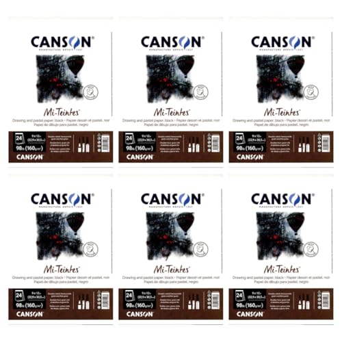 Canson Mi-Teintes Pastel Paper, Black, 9" x 12", 24 Sheets/Pad, 6 Pads | Canson Artist Series, Foldover Pad, 98 lb. (160gsm), Artist Paper for Adults and Students, 144 Sheets Total - size: 9" x 12" (Pack of 6), style: Black