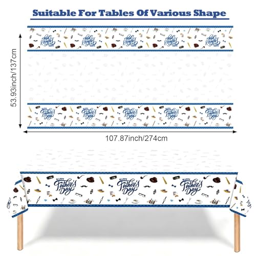 Qpout 3 Pack Happy Father's Day Tablecloths, Waterproof Plastic Disposable Rectangle Blue Table Cover for Dad's Party Decorations, 108 x 54 Inch