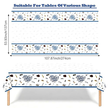 Qpout 3 Pack Happy Father's Day Tablecloths, Waterproof Plastic Disposable Rectangle Blue Table Cover for Dad's Party Decorations, 108 x 54 Inch