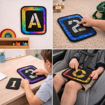 Sparkle & Focus Sensory Room Must Haves – Reversible Sequin Sensory Mats for Kids, Autism Sensory Products, Calm Down Corner & Travel Activity Kit, Sensory Wall Board Set with Letter & Number Stencils
