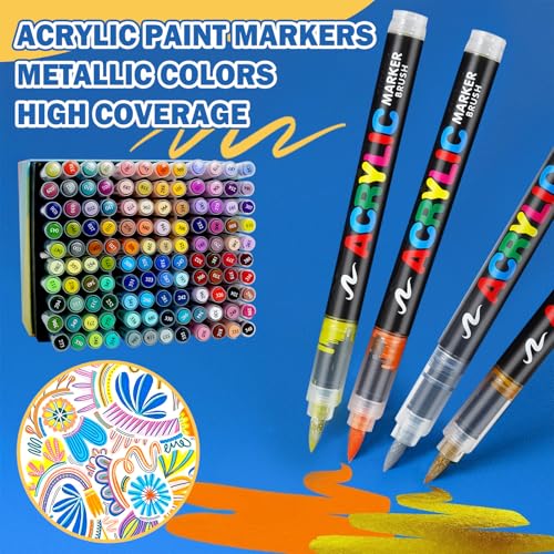 120 Colors Acrylic Paint Markers Set, 100 Paint Markers Opaque + 20 Metallic Acrylic Paint Pens, Direct Liquid System for Rock, Ceramic, Glass, Fabric, Wood, Canvas, Stone, Metal - Art Supplies Gift