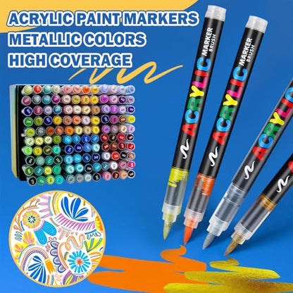 120 Colors Acrylic Paint Markers Set, 100 Paint Markers Opaque + 20 Metallic Acrylic Paint Pens, Direct Liquid System for Rock, Ceramic, Glass, Fabric, Wood, Canvas, Stone, Metal - Art Supplies Gift