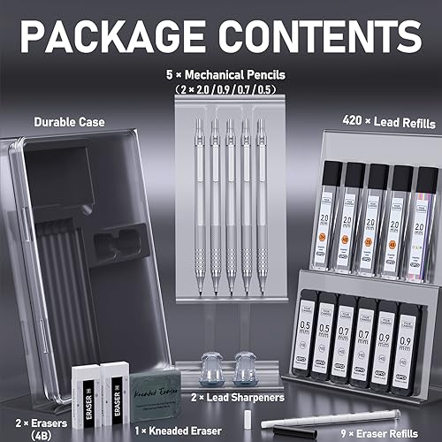 Four Candies Mechanical Pencil Set with Cute Pencil Case + Mechanical Pencil Set Silver