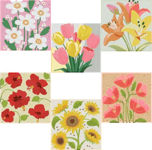 Tiwabb 6 Pack Flower Diamond Art Kits for Kids,DIY Crafts for Girls Boy | Flower Diamond Painting for Kids Ages 6-12,5D Full Drill Gem Art for Kids,Gifts for 6-12 Year Old Girls Boy 7x7 Inch - color: 6 Pack Flowers