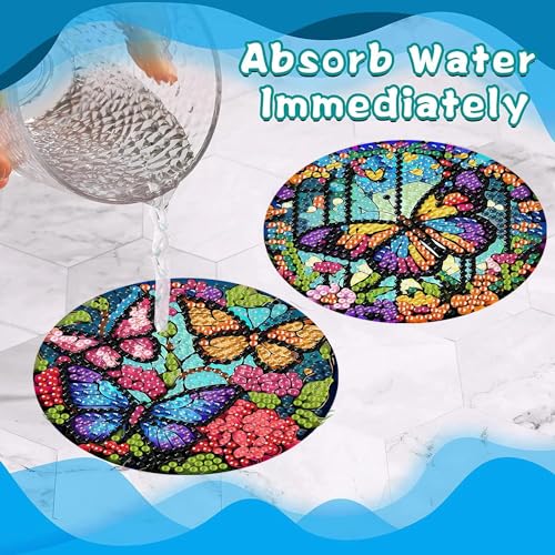 Mrnsiet 8 Pcs Butterfly Diamond Painting Coasters Kits with Holder, DIY Butterfly Diamond Art Coaster Non Slip Coaster for Tabletop Protection 4x4 Inch - color: BD8P2404
