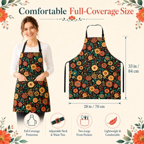 Flowers Apron with 2 Pockets Adjustable Stain Resistant Kitchen Cooking Apron for Baking BBQ Grilling Grilling Painting Gardening - color: Flowers