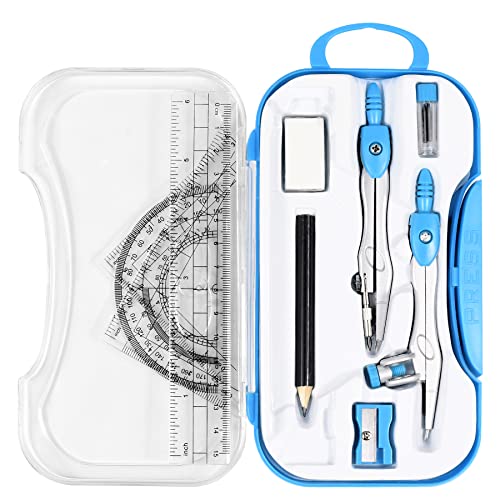 Vobou 10 pcs Math Geometry Set Student Supplies,Compass Kit Set (Blue） | Shatterproof Storage Box,Rulers,Protractor,Compass,Eraser,Pencil Sharpener,Lead Refills,Pencil,for School and Drawing - color: Blue-01