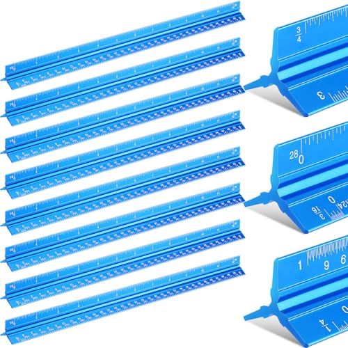 Macarrie 10 Pcs Architectural Scale Ruler 12" Architect Engineers Scale Triangular Ruler Set Aluminum Metal Rulers with Imperial Measurements for Architect School Student Draftsman Engineer (Blue) - color: Blue