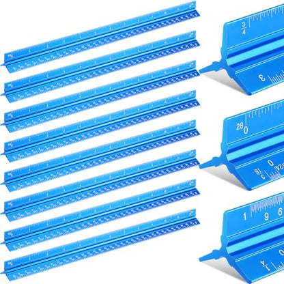 Macarrie 10 Pcs Architectural Scale Ruler 12" Architect Engineers Scale Triangular Ruler Set Aluminum Metal Rulers with Imperial Measurements for Architect School Student Draftsman Engineer (Blue) - color: Blue
