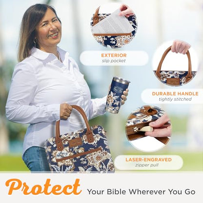 Christian Art Gifts Fashion Vegan Leather Purse Style Bible Cover Case for Women: All Things Through Christ Gold Inspirational Scripture, Pen Loops, Two Handles, Pockets, Navy & Brown Floral, Medium - size: Medium