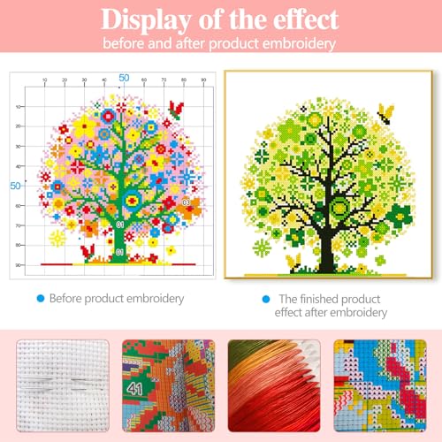 Zhenqing Green Tree of Life Stamped Cross Stitch Kit, 11CT Printed Peace Tree with Bees Pattern, 11.8 x 11.8 Inch DIY Embroidery Kit - color: Green Peace Tree