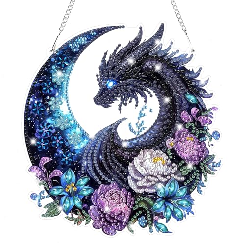 Bowetile Dragon Diamond Art Hanging Kits for Adults, 5D Special Shape Diamond Painting Flowers Pendant Kits, Gem Art Suncatchers Painting Window Ornament for Home Garden Wall Decor - color: Dragon