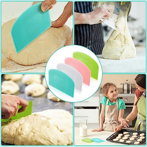 Thyle 36 Pcs Plastic Dough Scrapers Set, Flexible Bowl Scraper for Baking Bread Pizza Cake Pastry, Dough Cutter Scraper Tool for Kitchen, 4 Colors (White Pink Green Blue), 4.69 x 3.7 Inch