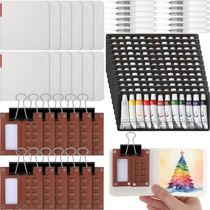 Watersay 12 Set Mini Watercolor Paint Set Paint Palette Travel Kit Pocket Artist Watercolor Travel Kit with Wooden Grid Palette Box Sketchbook Brush Pens Paints Clips for Beginners Artists Painters
