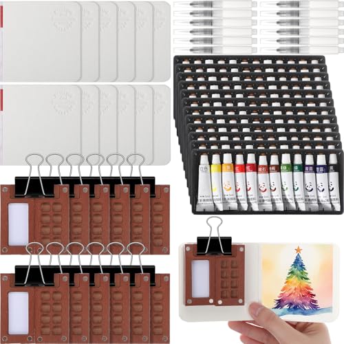 Watersay 12 Set Mini Watercolor Paint Set Paint Palette Travel Kit Pocket Artist Watercolor Travel Kit with Wooden Grid Palette Box Sketchbook Brush Pens Paints Clips for Beginners Artists Painters