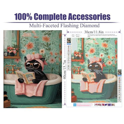 Canrichshop Black Cat 5D Diamond Art Painting Kits for Adults,Funny Animal Diamond Painting Kits for Beginners,Bathing cat Full Drill Diamond Dots,Gem Art Crafts for Adults Wall Decor 12x16inch