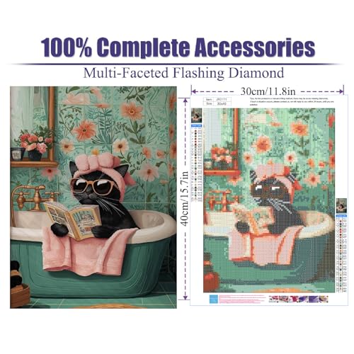 Canrichshop Black Cat 5D Diamond Art Painting Kits for Adults,Funny Animal Diamond Painting Kits for Beginners,Bathing cat Full Drill Diamond Dots,Gem Art Crafts for Adults Wall Decor 12x16inch